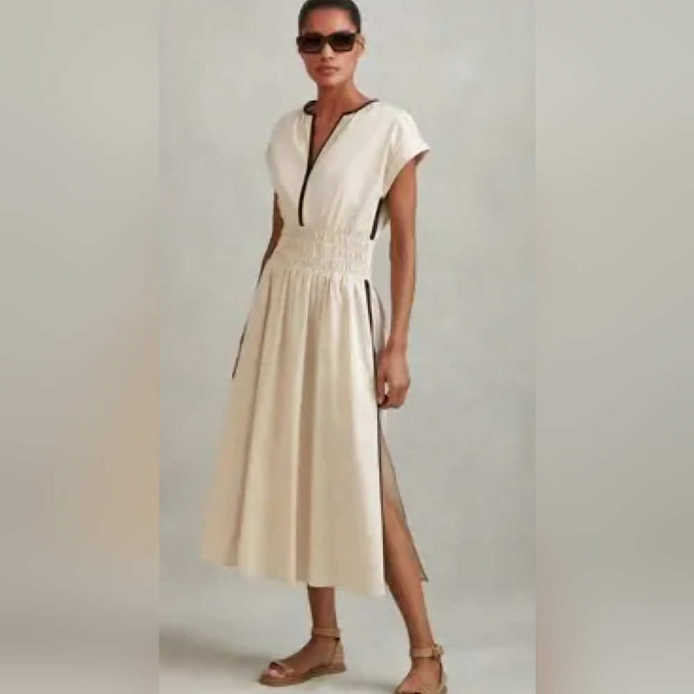 REISS Lena Cotton Ruched Waist Midi Dress Womens 6  Petite Preppy Coastal Natura